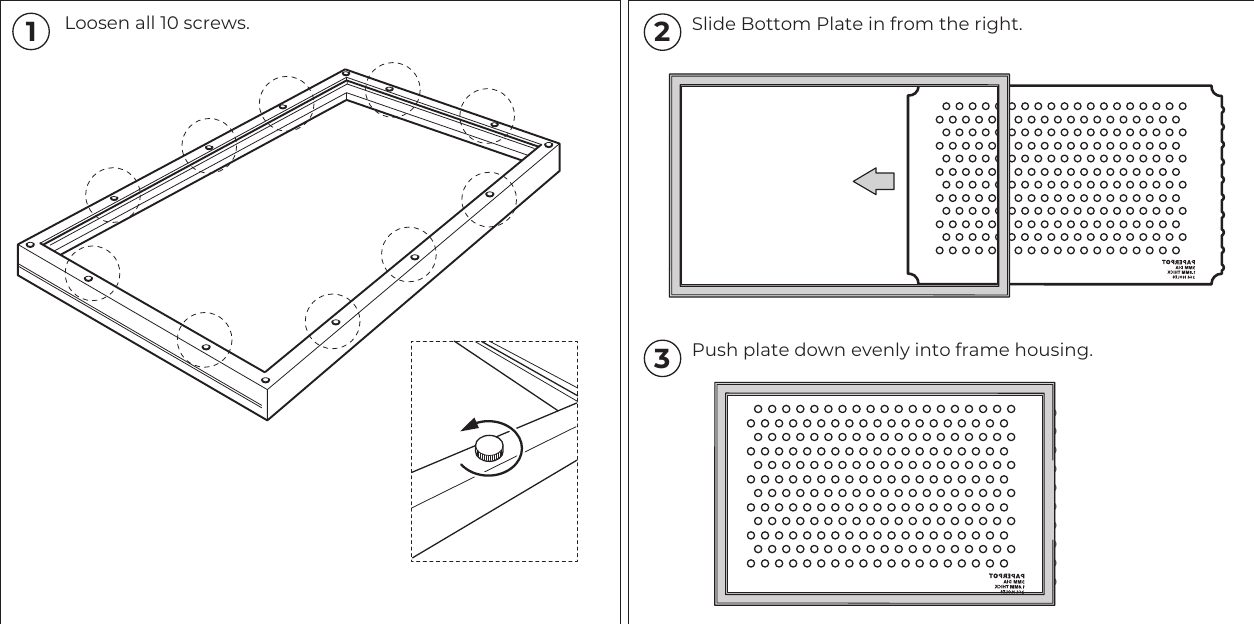 Installing the Kwik Klik Bottom Plate: loosen screws, slide plate in, press it into the frame