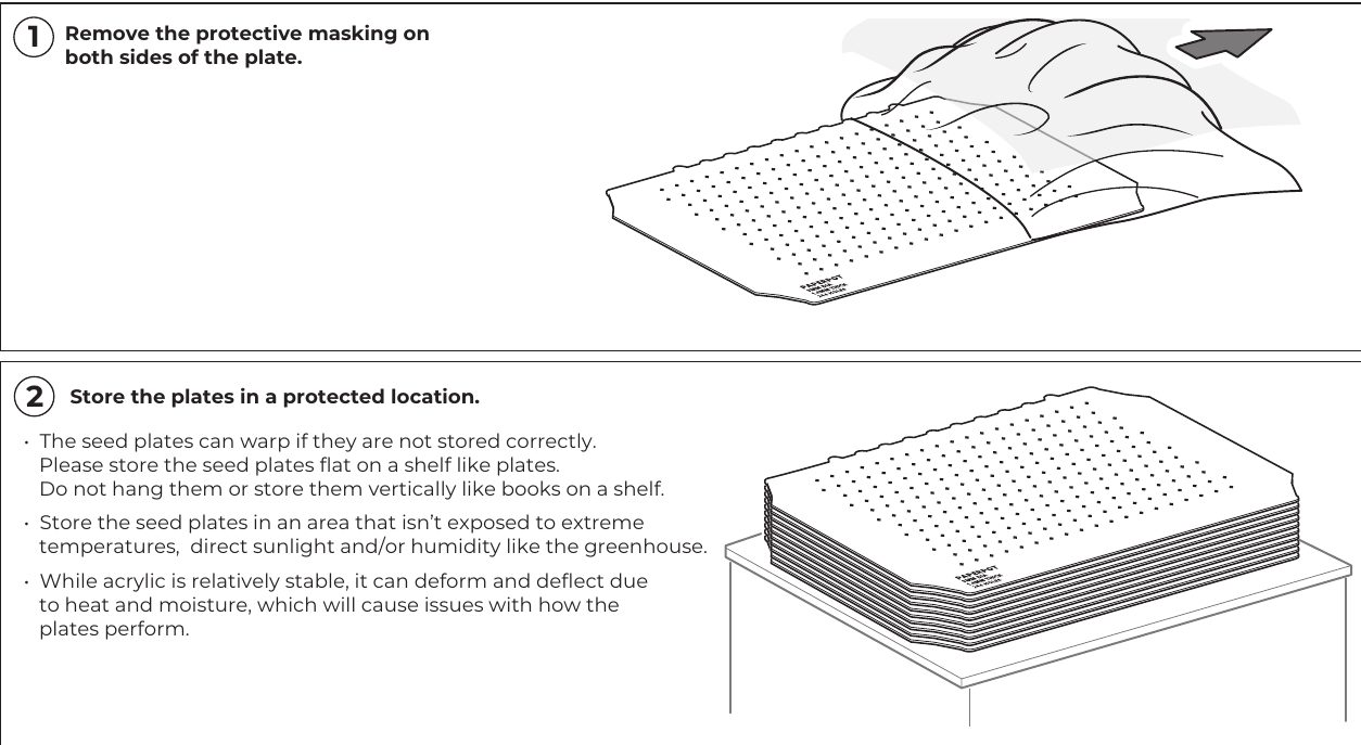 Removing masking from a Kwik Klik seed plate and storing plates flat in a stack